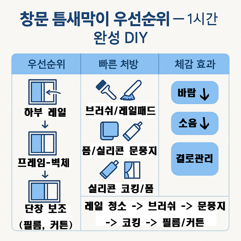 창문 틈새막이 우선순위 인포그래픽(레일·맞물림·코킹·필름·커튼)
