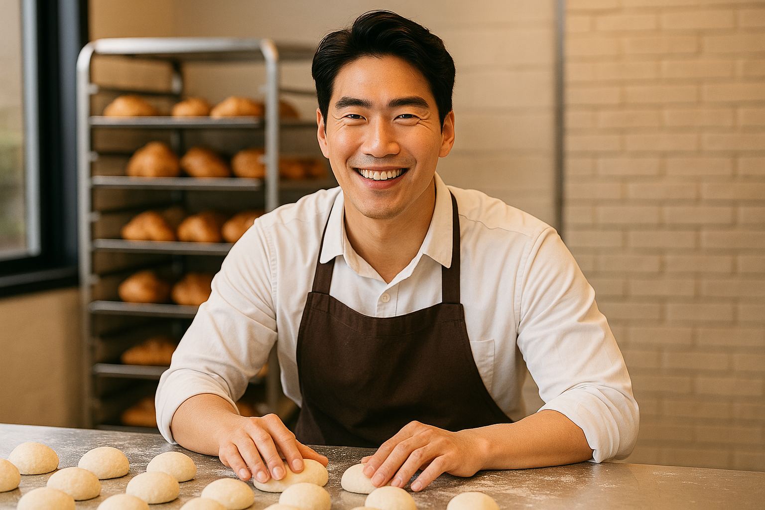 베이커리 빵을 구우며 웃고있는 남자
