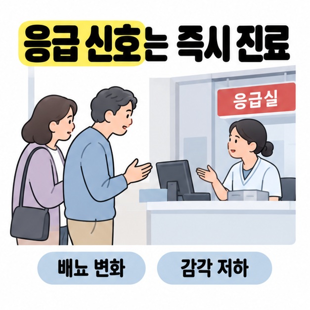 새로운 배뇨 변화와 감각 저하가 있으면 즉시 진료받도록 안내하며 환자가 동행자와 응급실에 도착한 모습