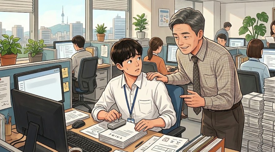 필수적으로 봐야할 산더미 처럼 쌓인 서류를 한켠에 몰아두고, 얇은 몇장의 보고서만 검토하는 직원과 이를 눈감아 주는 팀장의 모습