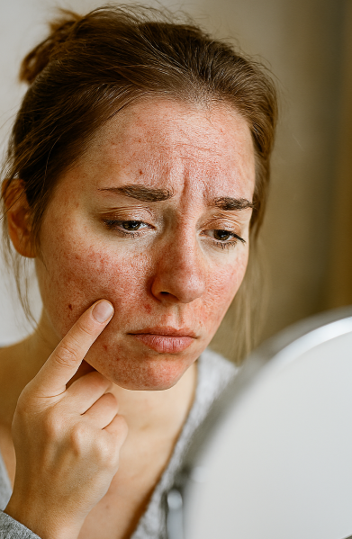 거울 앞에 앉은 젊은 여성이 자신의 얼굴 피부를 걱정스럽게 살펴보고 있는 모습