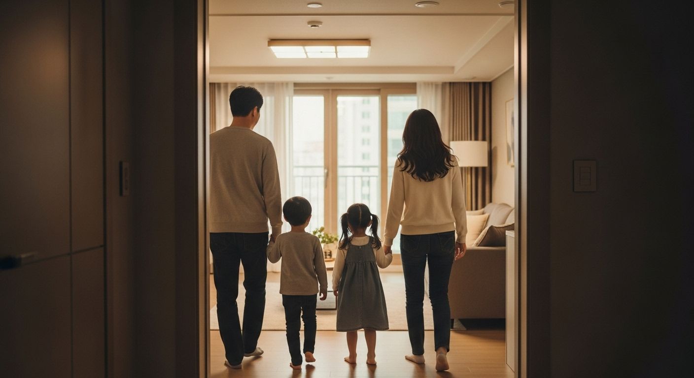 가족이 함께 아파트 현관을 들어서는 뒷모습, 따뜻한 분위기