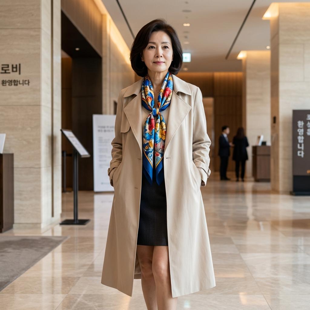 봄철 60대 여성 결혼식 하객룩: 스카프 하나로 포인트 주기