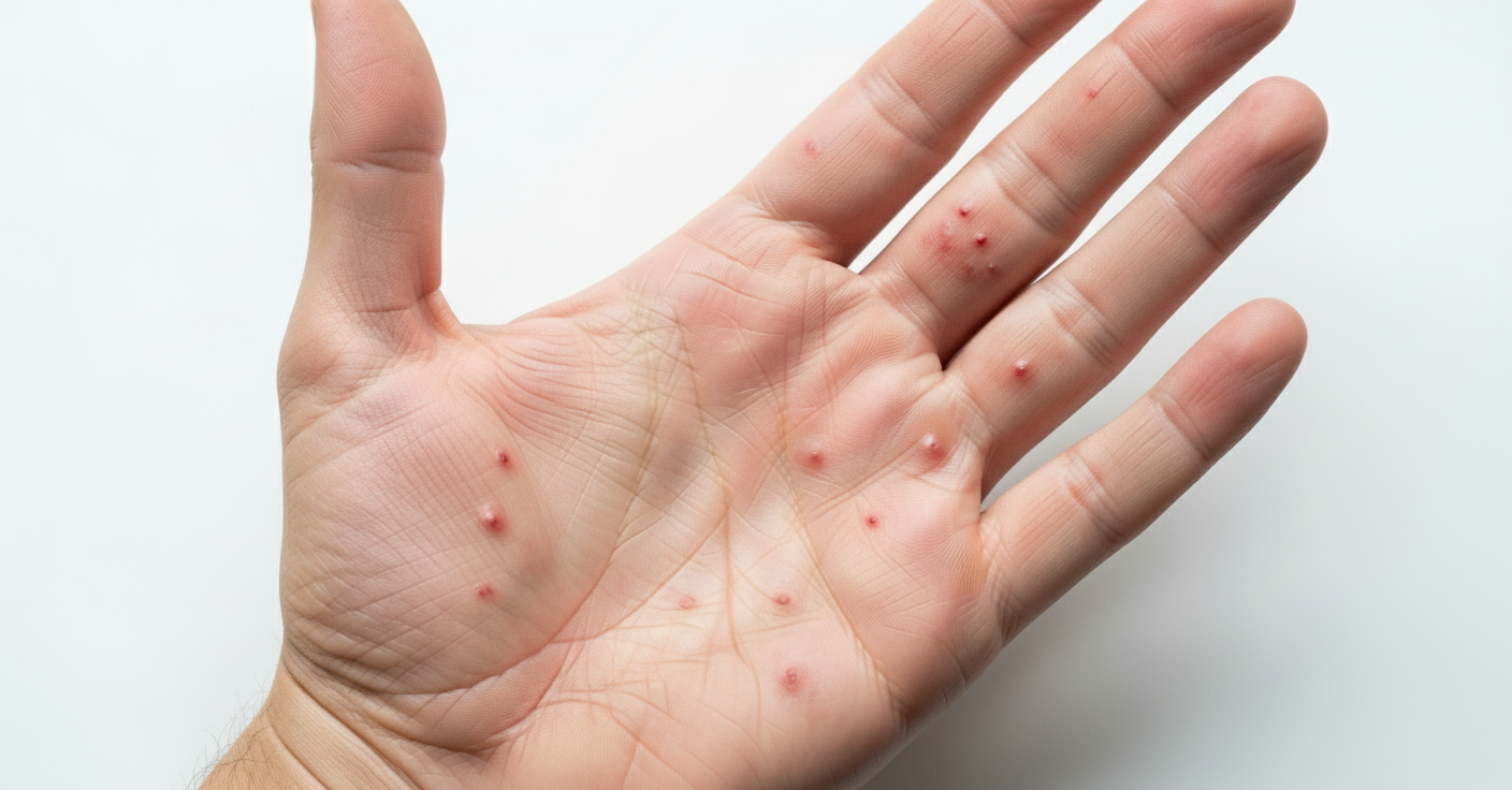 손바닥에 수족구병으로 인한 붉은 반점과 작은 수포가 드물게 퍼져 있는 모습