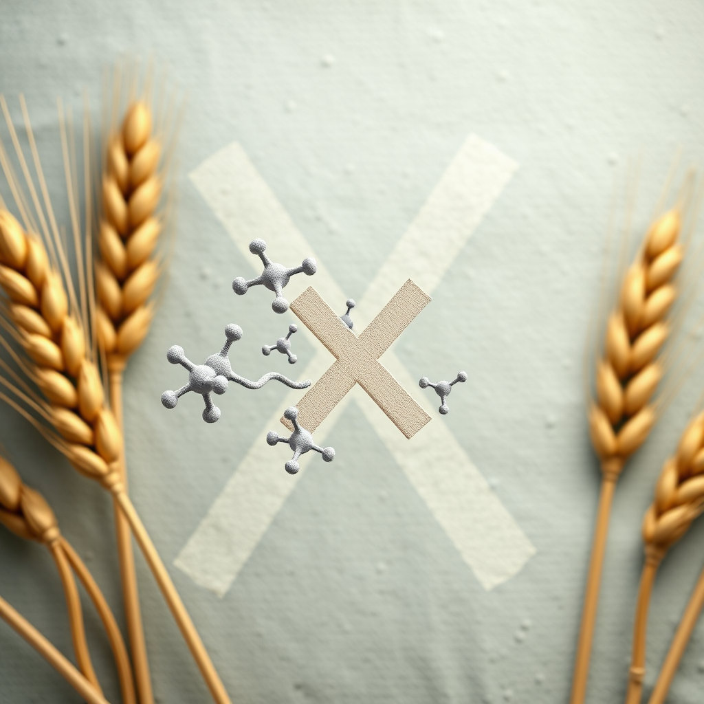 글루텐 분자와 소장의 융모가 함께 그려져 있고, 엑스(X)표시된 밀이 배경에 있는 추상적인 이미지를 통해 질병의 본질을 나타냅니다.