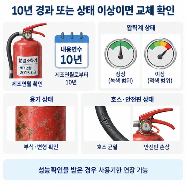 분말소화기 제조 후 10년, 압력계 상태, 부식과 파손 여부를 확인하는 교체 기준 이미지