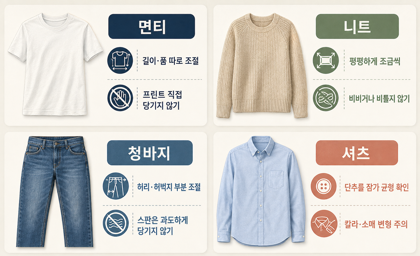 면티 니트 청바지 셔츠 소재별 옷 복구 방법 비교