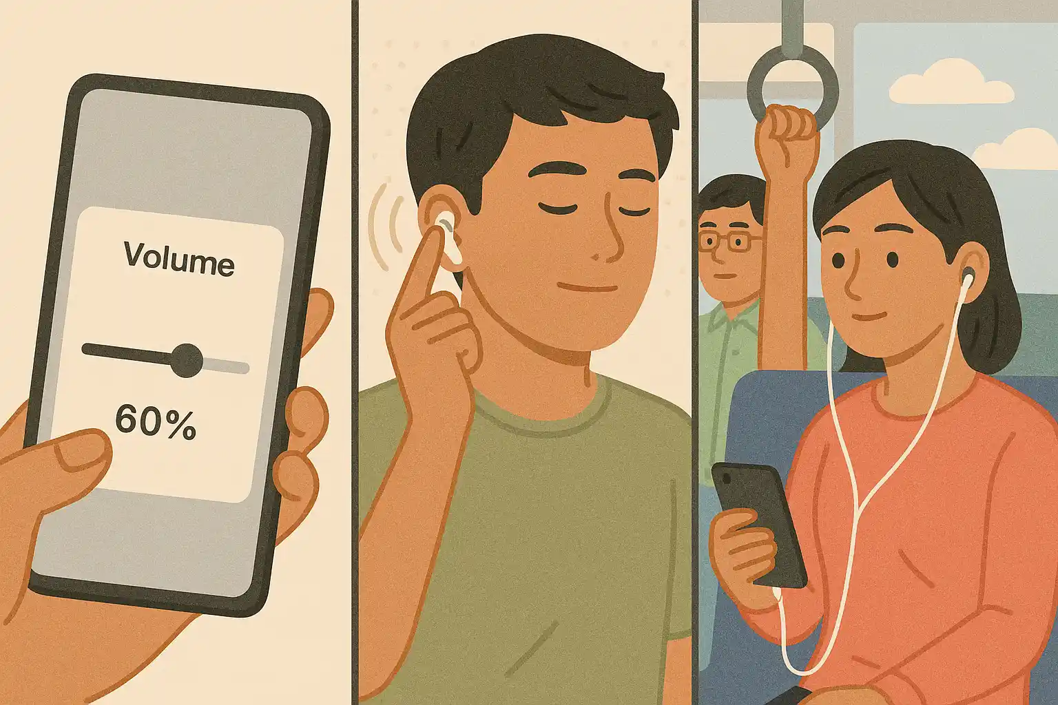 이어폰 최대 볼륨 60% 이하 설정 화면, 노이즈 캔슬링 이어폰을 사용하는 사람, 대중교통 안에서 이어폰을 낮은 볼륨으로 듣는 장면