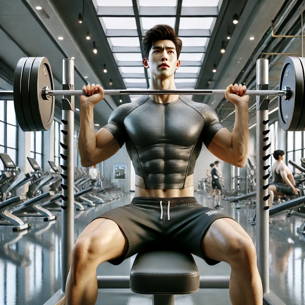 최신식 헬스장에서 벤치프레스를 하는 한국 남성, 운동복 착용, 근육질 체형, 현대적이고 세련된 헬스장 내부, 밝은 조명, 웨이트 트레이닝 장면
