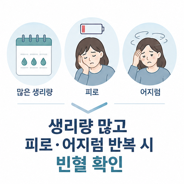 생리량이 많으면서 피로와 어지럼이 반복될 때 빈혈 확인이 필요함을 나타낸 이미지