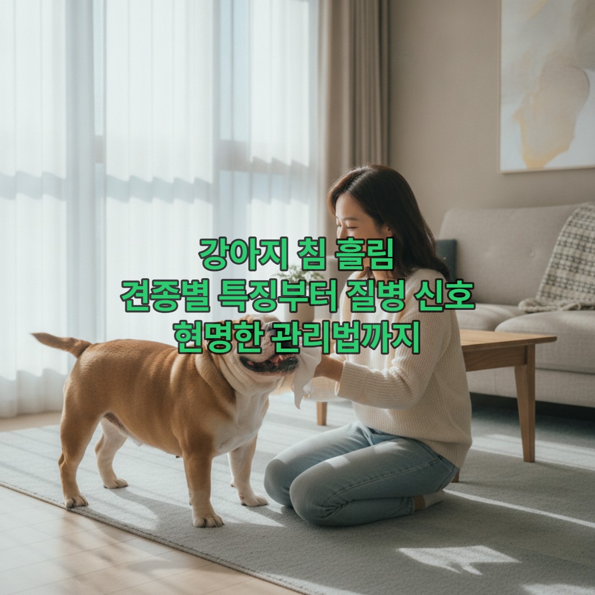한국인 여성이 불도그의 침을 닦아주며 다정하게 교감하는 모습. 강아지 침 흘림 관리의 중요성을 보여주는 이미지.