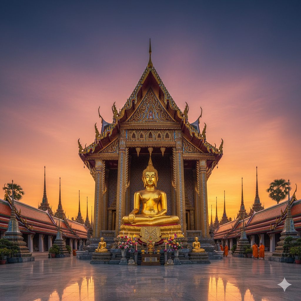 태국의 황금 빛 불상이 있는 사원