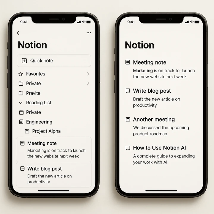 Notion 모바일에서 리스트 뷰로 전환한 전후 UI 비교