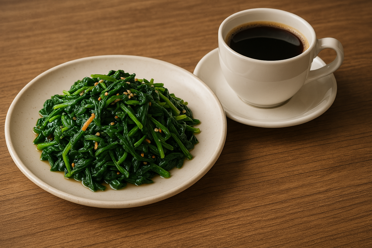 커피와 시금치 무침이 함께 있는 모습