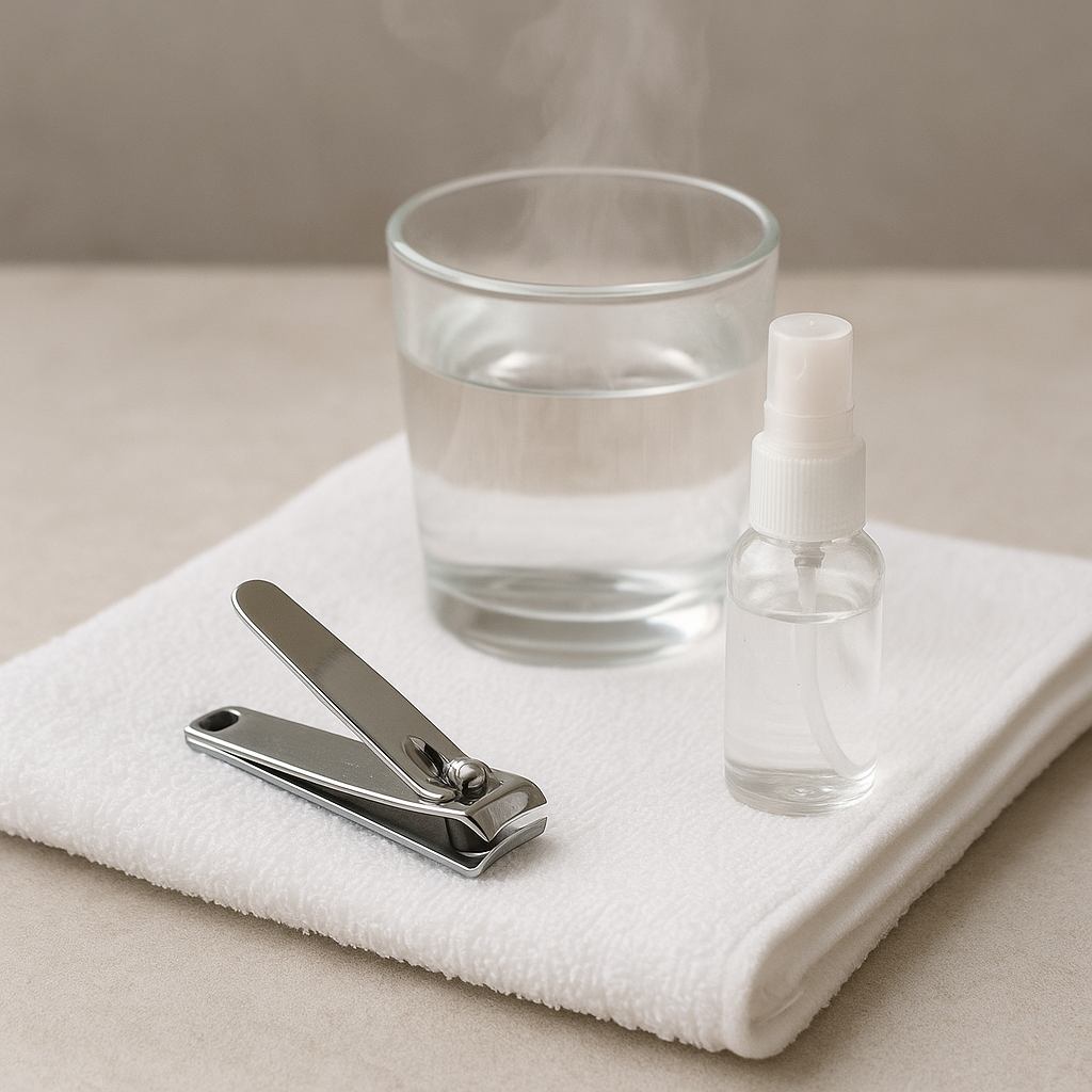 손톱깎이를 소독하기 위해 깨끗한 흰 천 위에 알코올 스프레이, 김이 나는 유리컵의 물이 함께 놓여 있는 모습