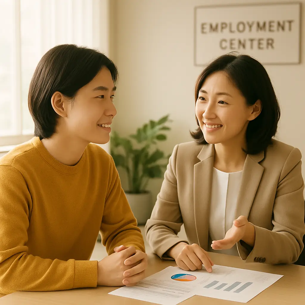 A Korean young person receiving career training consultation at a local employment center-고용센터 상담사에게 교육 과정 정보를 듣는 청년