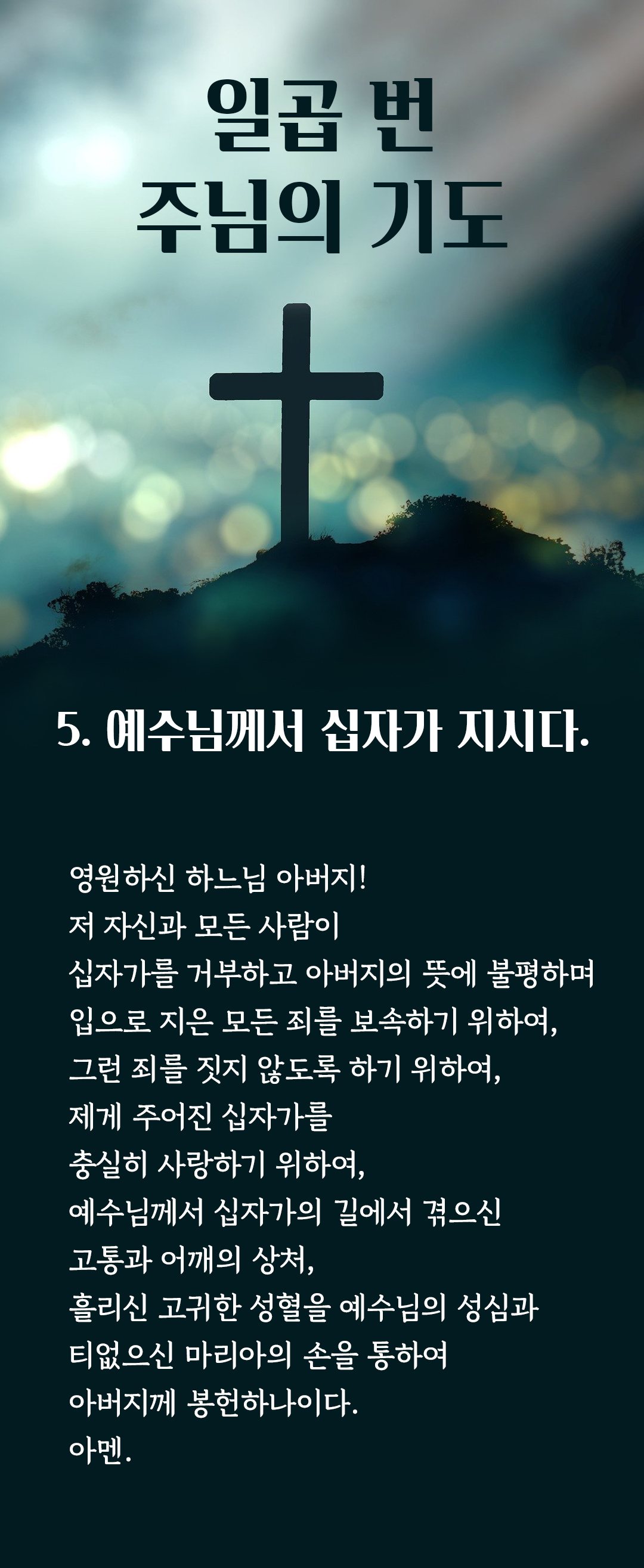 성녀 비르지타(St. Birgittas : 스웨덴 성인 비르짓다)의 일곱 번 주님의 기도 5. 예수님께서 십자가 지시다. : 영원하신 하느님 아버지! 저 자신과 모든 사람이 십자가를 거부하고 아버지의 뜻에 불평하며 입으로 지은 모든 죄를 보속하기 위하여&#44; 그런 죄를 짓지 않도록 하기 위하여&#44; 제게 주어진 십자가를 충실히 사랑하기 위하여&#44; 예수님께서 십자가의 길에서 겪으신 고통과 어깨의 상처&#44; 흘리신 고귀한 성혈을 예수님의 성심과 티없으신 마리아의 손을 통하여 아버지께 봉헌하나이다. 아멘
