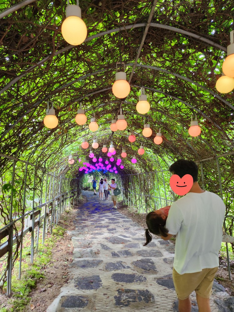 무지개 터널을 걷는 아빠와 아이