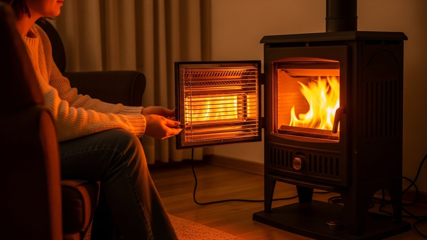 따뜻한 집 안에서 난방 기구를 사용하는 편안한 모습