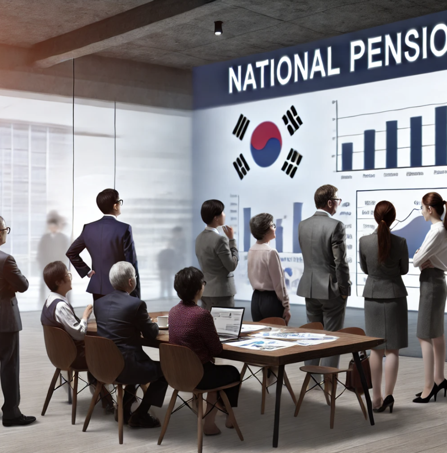 국민연금 관련 문서를 보며 논의하는 모습.