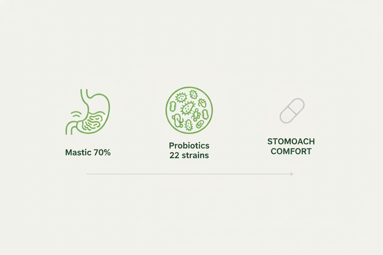 Mastic 70%, Probiotics 22 strains, Stomach Comfort 아이콘으로 매스틱 추출물과 22종 유산균 조합이 위 편안함을 위한 복합 프로바이오틱스임을 단순하게 보여주는 인포그래픽 이미지