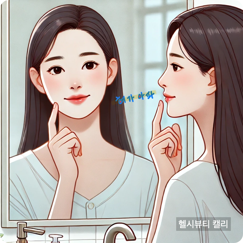 거울을 보며 볼 안쪽의 통증 부위를 살피는 젊은 여성