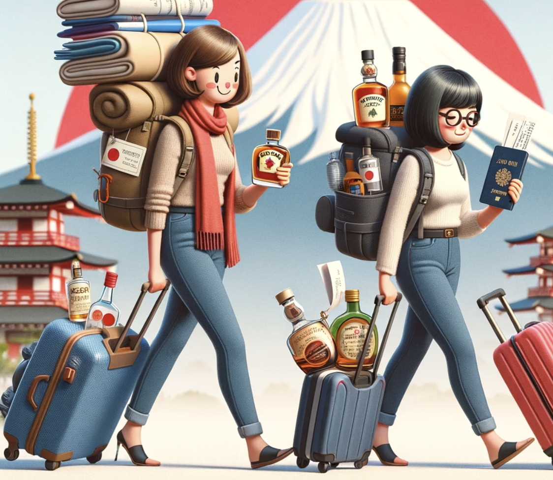 상징적인 후지산을 배경으로 일본으로 모험을 떠나는 두 명의 30대 여성의 유머러스한 이미지