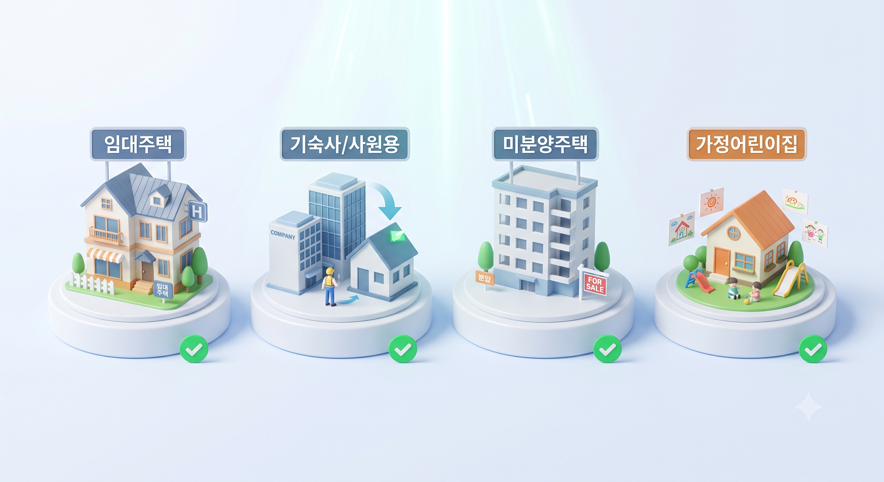 합산배제 혜택을 받을 수 있는 주택들을 상징하는 4가지 3D 아이콘입니다. 왼쪽부터 임대주택(임대), 사원용 주택(기숙사), 미분양 주택(미분양), 그리고 가정어린이집(어린이집)이 직관적으로 표현되어 있습니다.