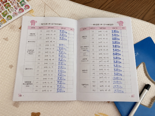 국가 필수 예방접종 기록과 소아청소년과 확인 도장이 찍혀 있는 아기 예방접종 수첩 내부 모습