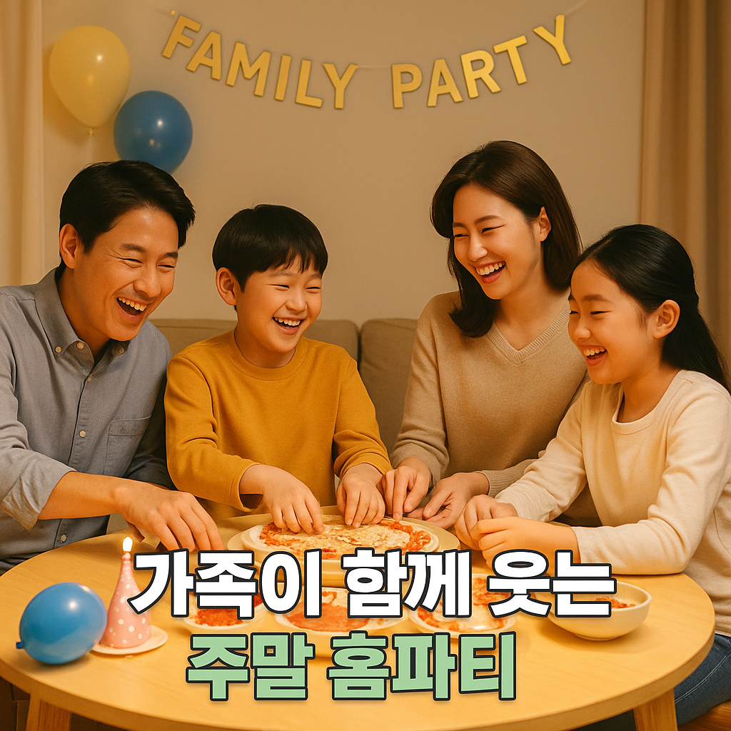 가족이 함께 웃는 주말 홈파티의 따뜻한 순간