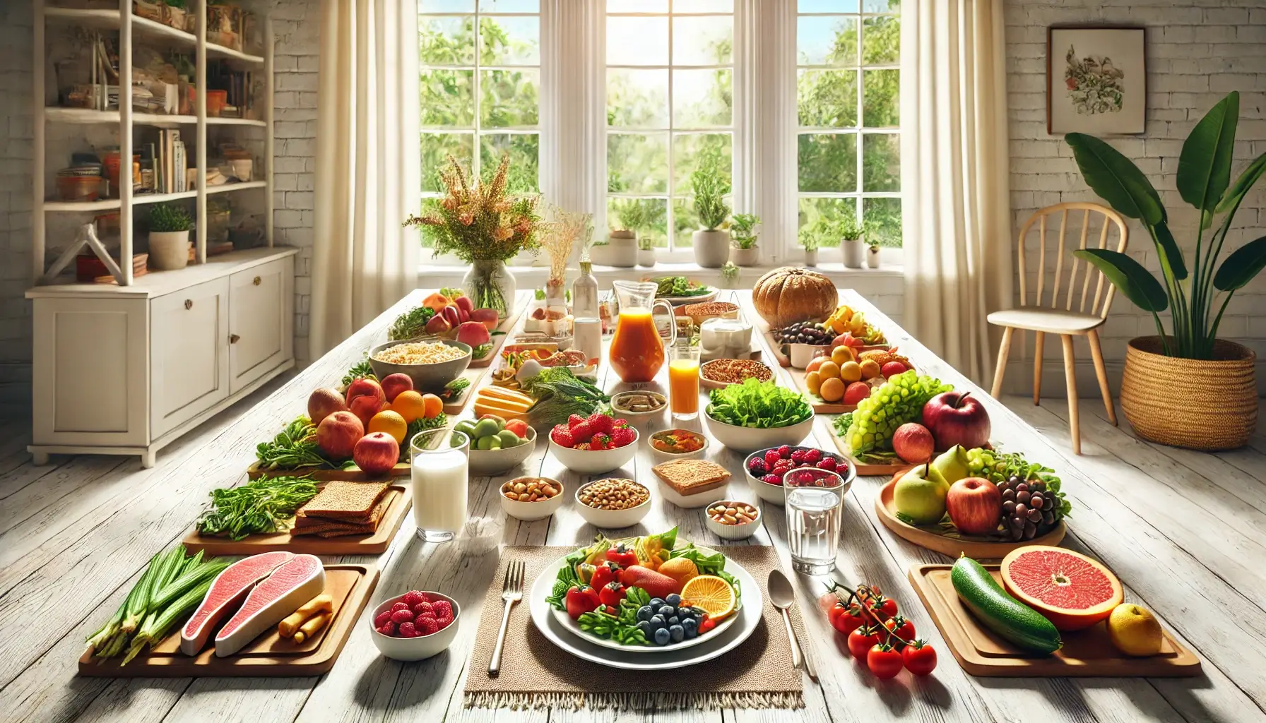 다양한 건강 식품들이 아름답게 배치된 식탁을 담고 있으며, 밝고 환한 식당에서 자연광이 들어오는 분위기입니다.