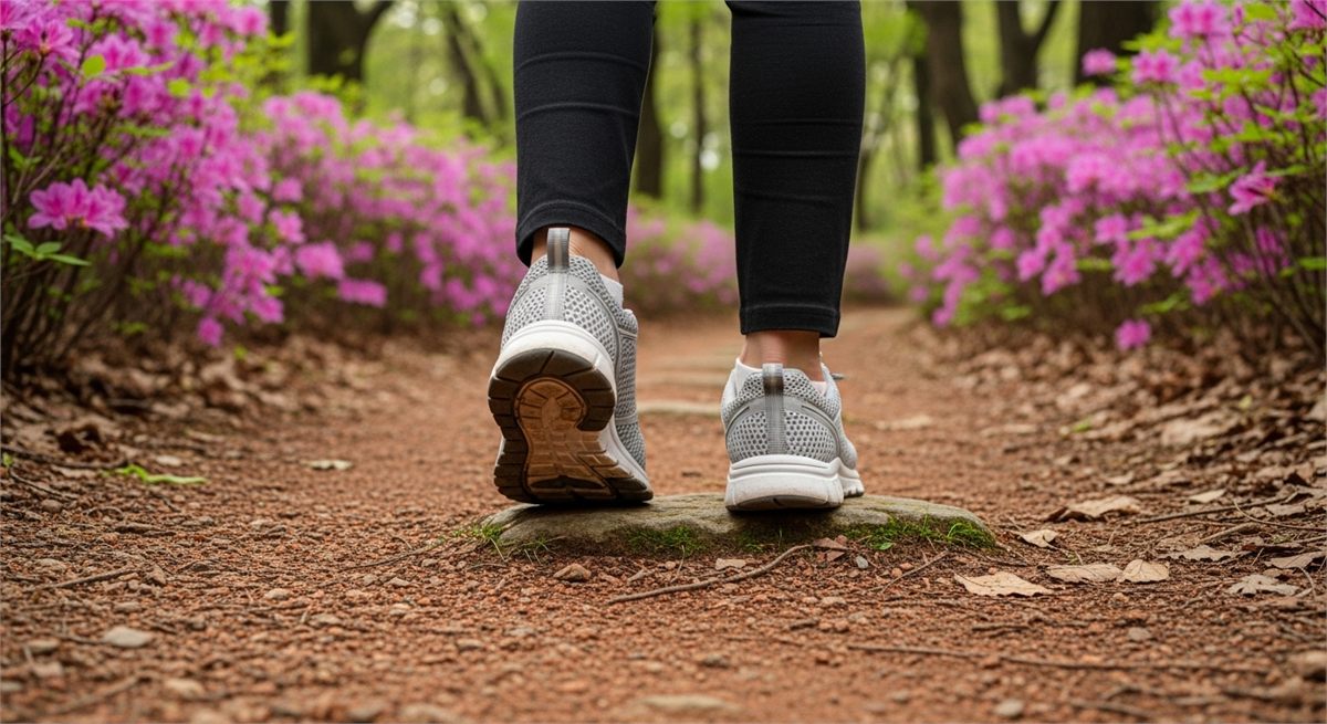 편한 신발로 철쭉길을 걷기 시작하는 방문 준비 장면 