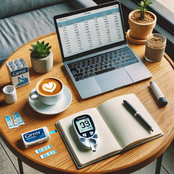 카페 테이블 위에서 케어센스 N과 커피 한 잔&amp;#44; 그리고 사용자의 노트북이 놓인 장면.