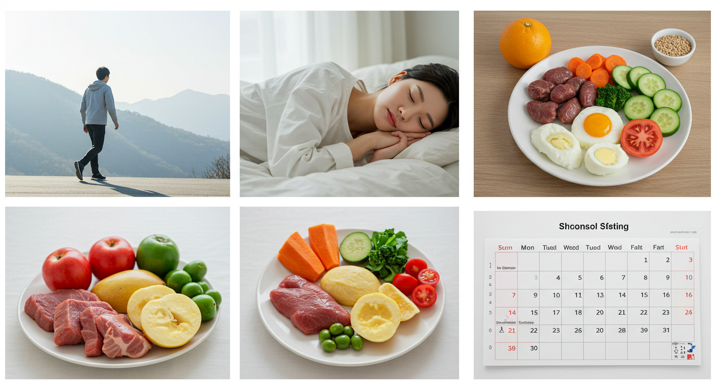 산책, 수면, 건강한 식사, 단식 시간 연장을 나타내는 이미지 모음.