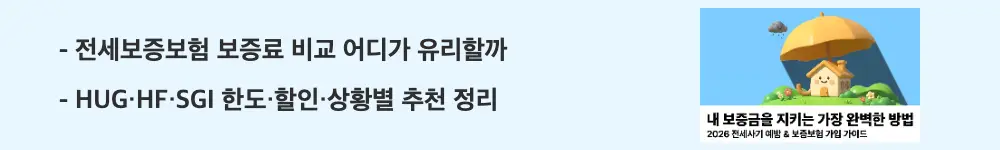 전세사기 피하는 법: "전세보증보험 보증료 비교 어디가 유리할까, HUG·HF·SGI 한도·할인·상황별 추천 정리"라는 문구가 포함된 웹배너 이미지. 이 이미지는 전세보증보험 3개 기관의 보증료와 한도 비교를 시각적으로 전달하며, 블로그의 전세보증보험 기관별 비교와 관련된 내용을 설명함