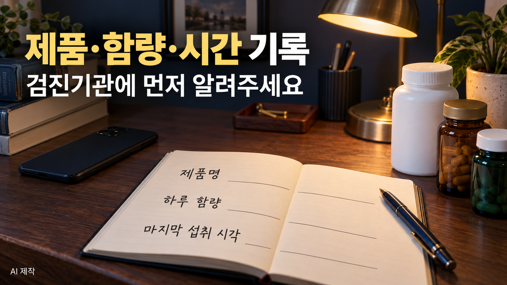 스탠드가 켜진 책상 위에 제품명·하루 함량·마지막 섭취 시각을 적는 수첩과 영양제 병