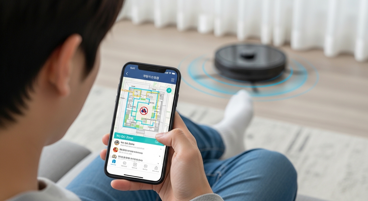 스마트폰 앱으로 로봇청소기의 청소 금지 구역과 경로를 설정하는 젊은 한국 남성. 편리한 스마트 홈 기능을 보여줌.