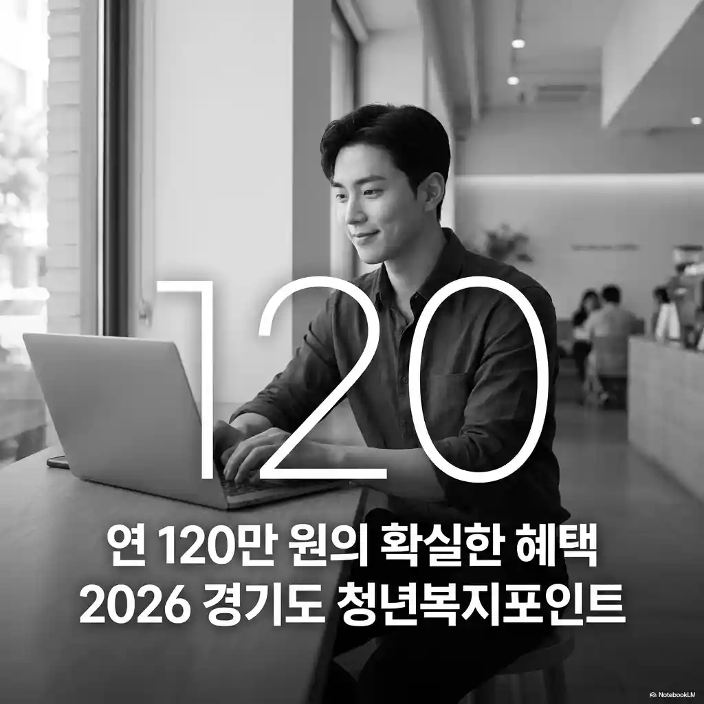 노트북을 사용하는 미소 짓는 남성 배경의 경기도 청년복지포인트 안내 포스터