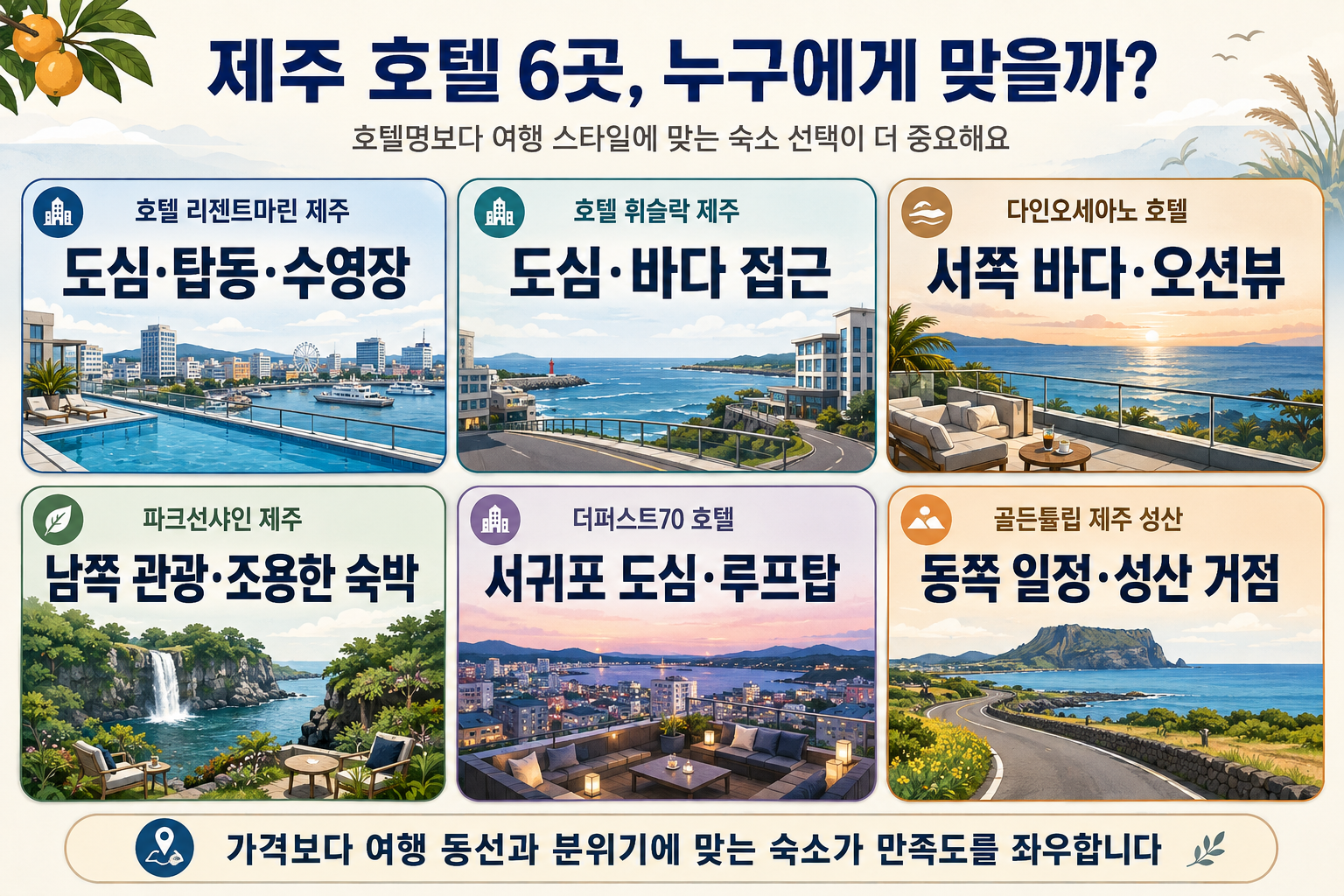 제주 늦캉스 가성비 호텔 6곳을 제주시 애월 서귀포 성산 여행 유형별로 비교한 이미지