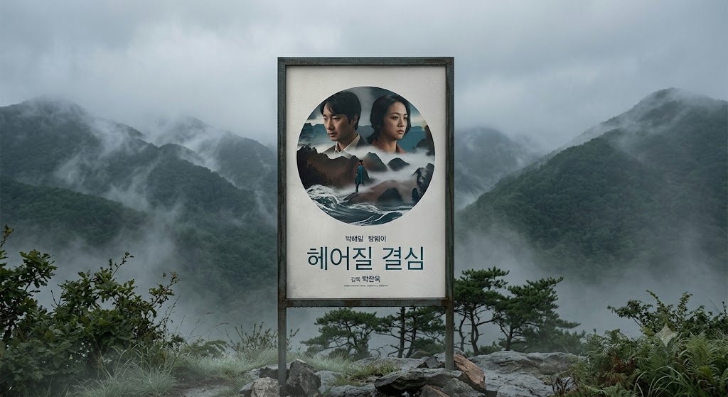 안개 낀 산을 배경으로 선 인물의 실루엣을 그린 장면