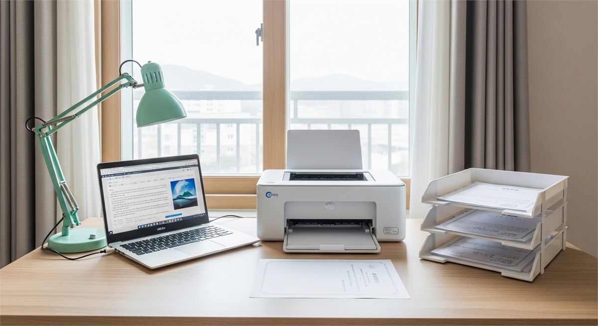 프린터와 노트북이 놓인 집 서재 책상에서 온라인 발급을 준비한 전경 