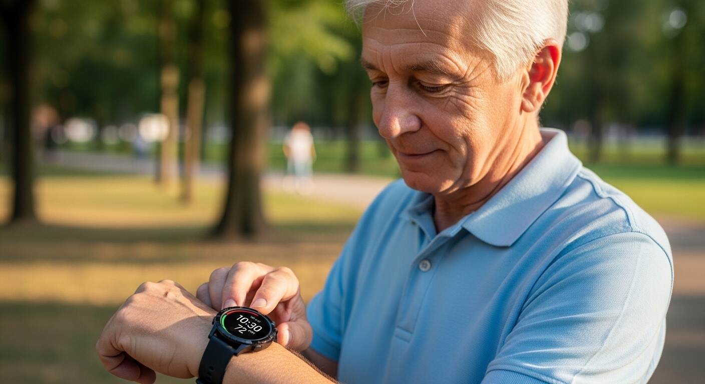 시니어가 손목의 스마트워치를 확인하는 모습