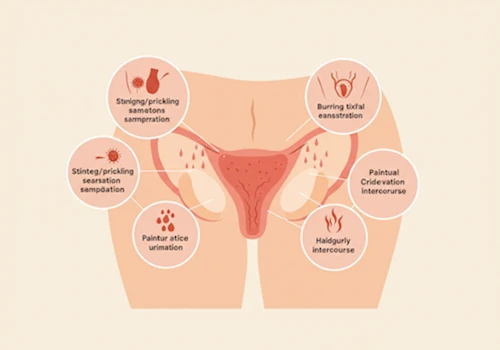 가려움증 외 따가움&amp;#44; 화끈거림&amp;#44; 배뇨통&amp;#44; 성교통 등 동반 증상을 나타내는 벡터 아트 스타일의 인포그래픽