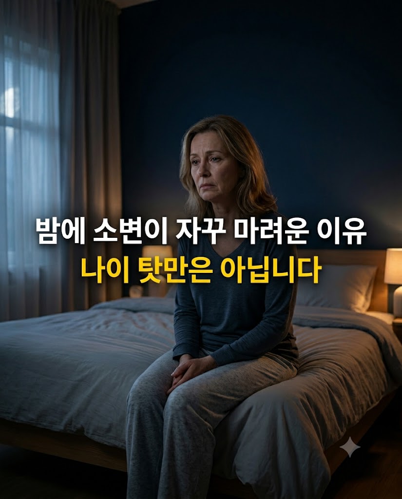 밤에 잠에서 깨 피곤한 표정으로 침대에 앉아 있는 중년의 모습
