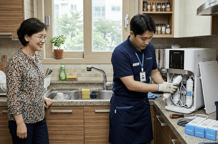 올바른 물 관리를 위해 정기적으로 정수기 필터를 교체하고 있는 모습