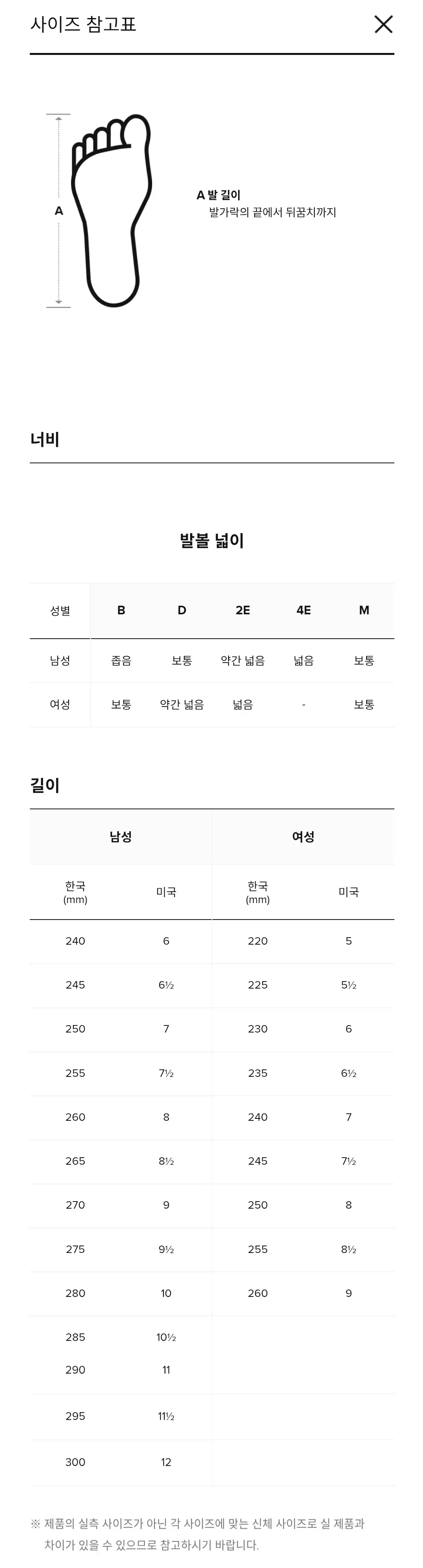 뉴발란스 성인(남성/여성) 발볼 넓이, 신발 사이즈표