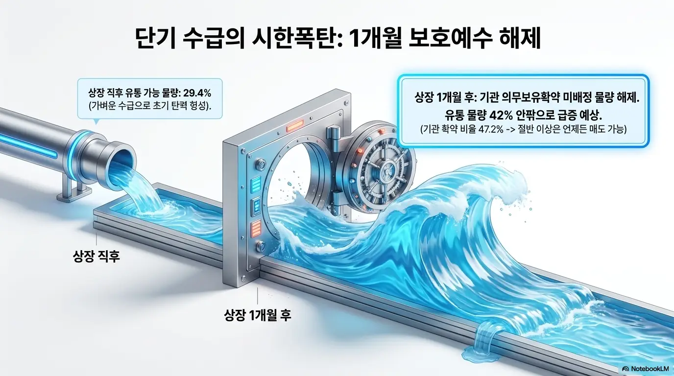 져스텍 주가 전망: 져스텍 상장 직후와 1개월 후의 유통 물량 변화를 수도관과 금고 형태로 표현한 수급 인포그래픽. 상장 직후 유통 물량 29.4퍼센트의 가벼운 수급이, 보호예수 해제 이후 42퍼센트 안팎으로 급증할 수 있다는 단기 변동성 요인을 시각적으로 전달하며 져스텍 수급 구조를 설명함