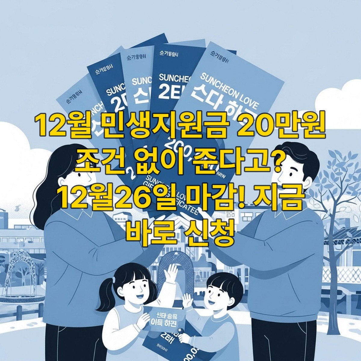 순천시민들이 조건 없이 1인당 20만원의 순천사랑상품권을 받고 기뻐하는 모습. 순천만국가정원이 배경으로 보인다.