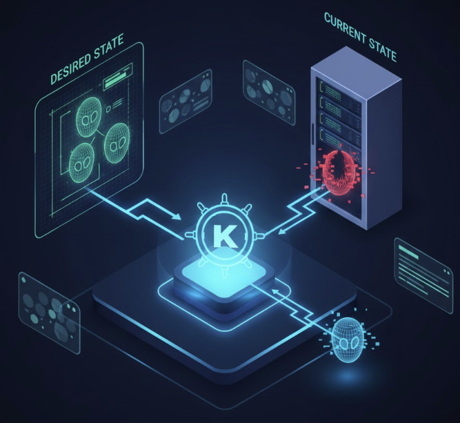 사용자가 선언한 '원하는 상태(Pod 3개)'와 실제 서버의 '현재 상태(Pod 2개)'를 실시간으로 비교하여, 장애가 발생한 파드를 자동으로 복구(Self-healing)하는 쿠버네티스 컨트롤 플레인의 작동 원리를 3D 아이소메트릭으로 표현한 기술 인포그래픽 이미지