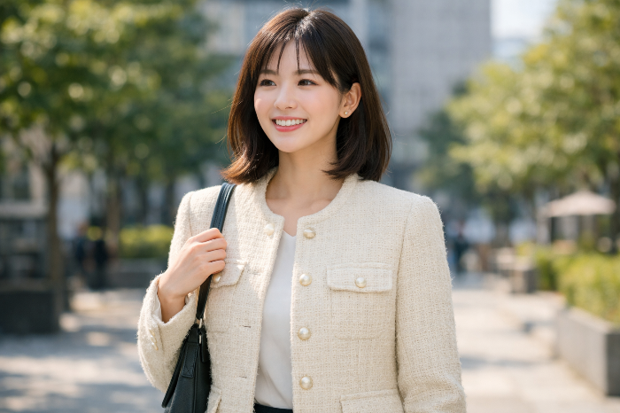 졸업식 룩으로 인기 있는 단정하고 미니멀한 트위드 재킷 스타일링.